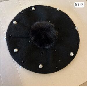 New Adrienne Landau black beret wool blend pearl faux fur puff